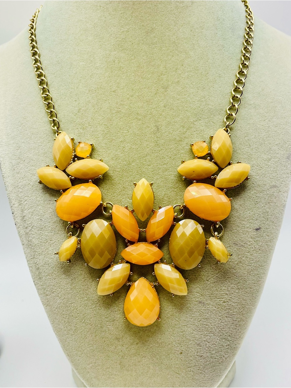 Yellow and Peach Chunky Statement Cluster Bib Necklace 21 inches long